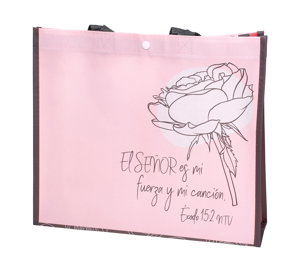 Christian Spanish laminated tote bag for women's ministry features Éxodo 15:2 NTV