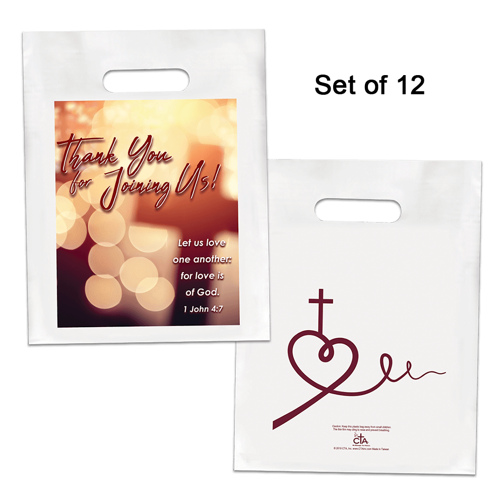 A set of 12 white plastic broccoli bags with a 'Thank You for Joining Us' message and a heart-cross design in red by CTA Christ to All & CTA Gifts