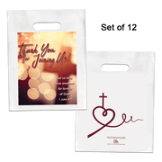 A set of 12 white plastic broccoli bags with a 'Thank You for Joining Us' message and a heart-cross design in red by CTA Christ to All & CTA Gifts
