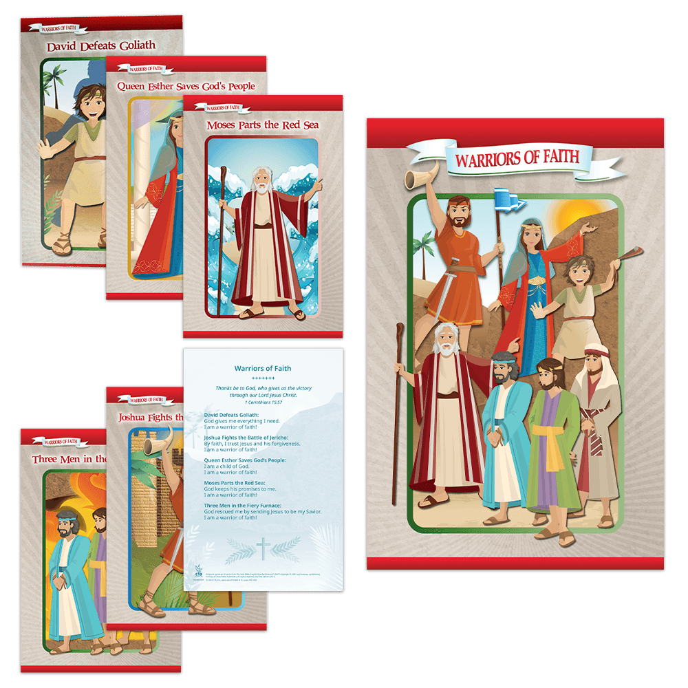 Warriors of Faith – Set of 6 Bible story character posters, 11" x 17", featuring a Faith Warrior on the front and a brief story on the back.
615122-16275-0