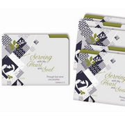 A set of 6 white file folders with black and green geometric patterns and text that reads 'Serving with my Heart and Soul' and Bible verse 'Galatians 5:13 ESV' by CTA Christ to All and CTA Gifts.