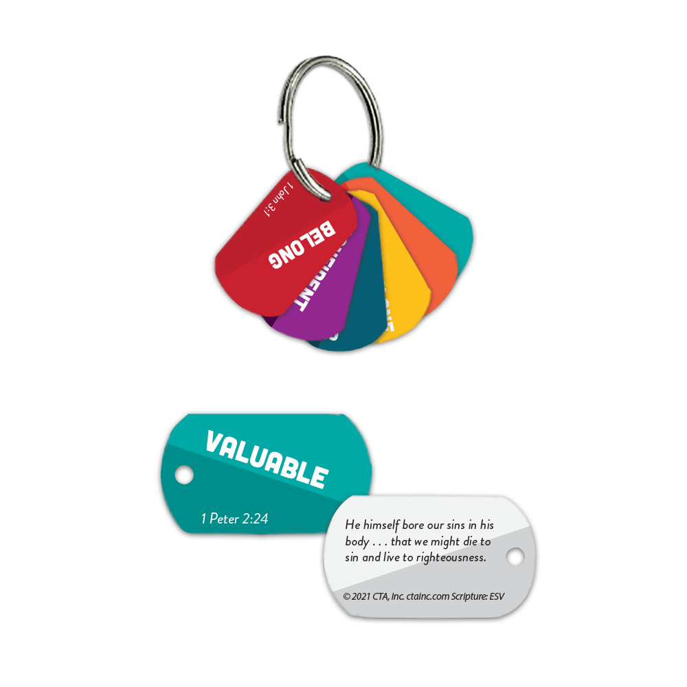 Keychain for Christian Youth has tags with Bible verses
